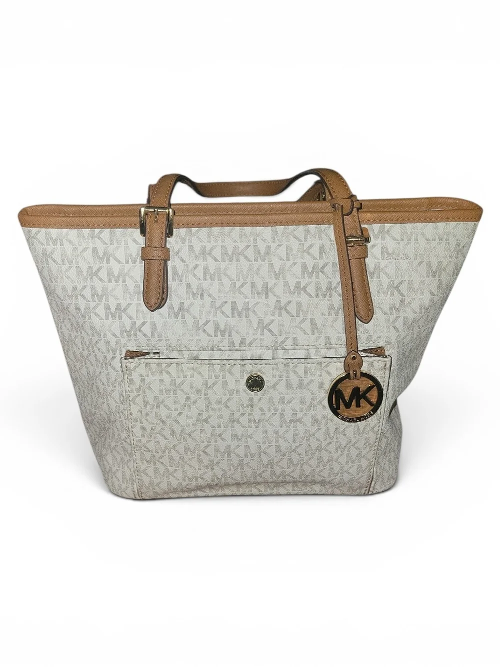 Michael Kors Beige Logo Zip Top Tote with Tan Trim